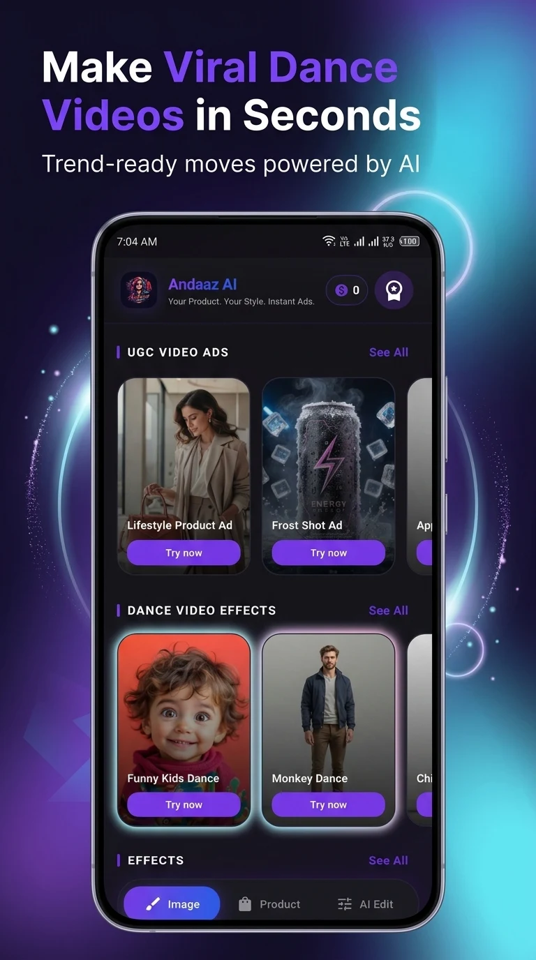 Andaaz AI app home screen with feature categories.